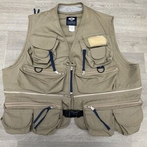 Vintage Columbia Fly Fishing Vest Tan Khaki Multi-Pocket Utility Mens XL